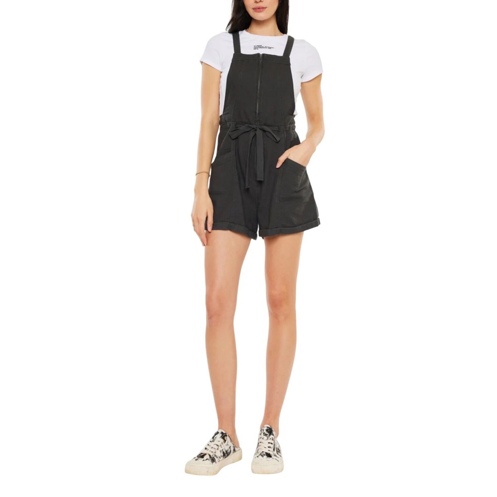 KanCan Overalls Medium Dark Gray Utility‎ Zip Front Tie Waist Cotton Shortalls